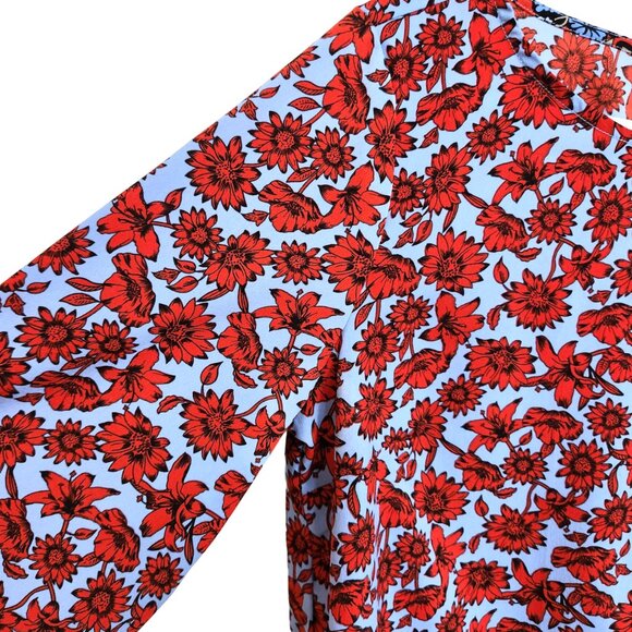 Dalia Blouse Contrasting Bell Sleeves Light Blue & Red Floral Scoop Neck… - Picture 2 of 15